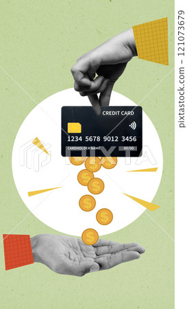 A human hand receives golden dollar coins from a credit card on a colored background 121073679