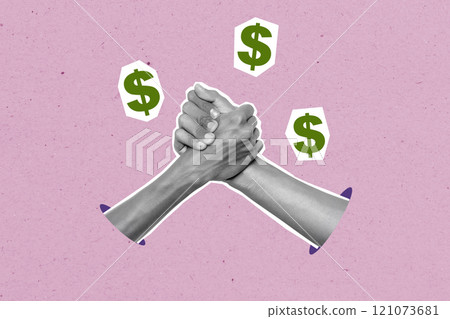 Two human hands with a gesture of a handshake agreement with dollar signs on a colored background Two human hands with a gesture of a handshake agreement with dollar signs on a colored background 121073681