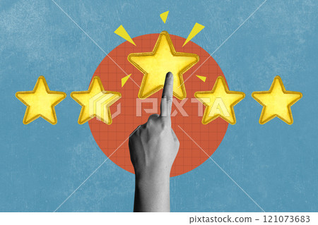 Human hand give a five star rating on a colored background 121073683