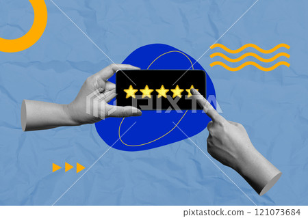 Human hand give a five star rating on mobile phone screen with a colored background 121073684