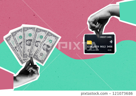 Human hand holding dollar banknotes and a credit card for shopping on a colored background 121073686