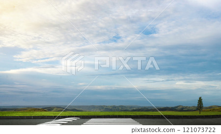 Asphalt street with pedestrian crosswalk and meadow field with blue sky and clouds in the background 121073722