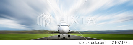 Commercial airplane landing on the runway with a blue sky background 121073723