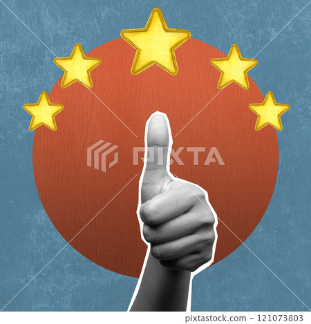 Human hand give a five star rating with thumb up gesture on a colored background Human hand give a five star rating with thumb up gesture on a colored background 121073803