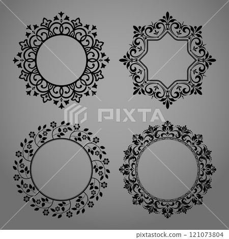 Set of decorative frames Elegant vector element for design in Eastern style, place for text. Floral black and gray borders. Lace illustration for invitations and greeting cards Set of decorative frames Elegant vector element for design in Eastern style, place for text. Floral black and gray borders. Lace illustration for invitations and greeting cards 121073804