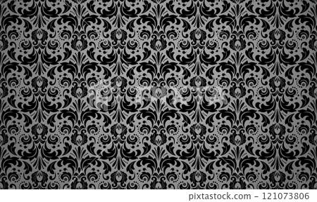 Wallpaper in the style of Baroque. Seamless vector background. Gray and black floral ornament. Graphic pattern for fabric, wallpaper, packaging. Ornate Damask flower ornament Wallpaper in the style of Baroque. Seamless vector background. Gray and black floral ornament. Graphic pattern for fabric, wallpaper, packaging. Ornate Damask flower ornament 121073806