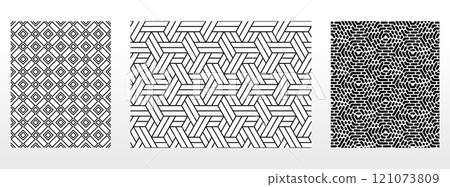 Geometric set of seamless black and white patterns. Simple vector graphics. 121073809