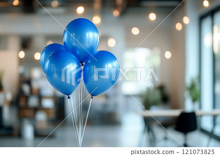 Abstract background featuring a blurred office interior decorated with blue balloons. blue Monday concept. 121073825