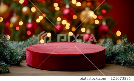 Empty red podium for product photography. Shiny blurred background with bokeh, baubles, decorated Christmas tree and spruce branches. Mockup pedestal on a table. 121073855