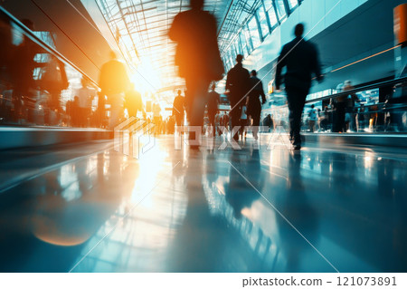 Beautiful motion blur of people walking in the morning rush hour, busy modern life concept. 121073891