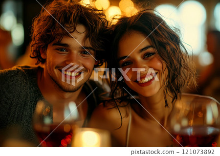 Romantic couple clinking glasses of red wine in a cozy setting. Intimate festive atmosphere 121073892