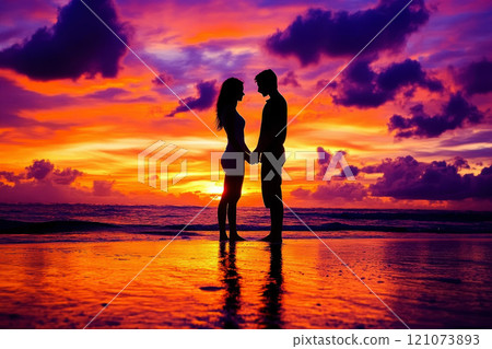 A couple is standing on the beach at sunset with a red sky. AI. 121073893