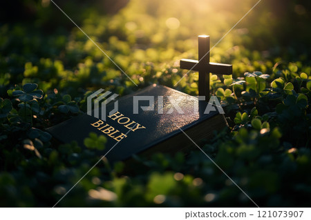 a bible book and a cross lying on the green clover leaves. 121073907