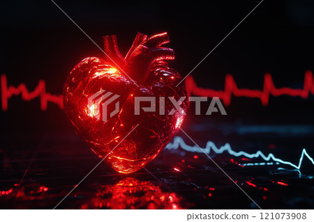 A glowing heart shape with an electrocardiogram line pulsating rhythmically in a dark background representing life and vitality. 121073908