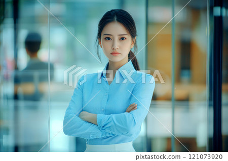 confident business woman in a blue shirt and white skirt, standing with her arms in a modern office interior. 121073920