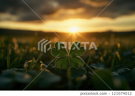 st patricks day four leaf clover close up with evening sunset in background, 121074012