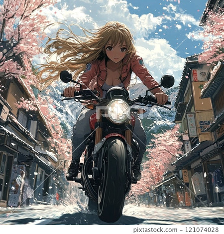 A female rider running through a row of cherry blossom trees 121074028