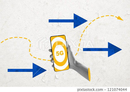A human hand holding a mobile phone with a 5G internet signal for internet fast connection symbol on the screen with a colored background. Concept of 5G connection A human hand holding a mobile phone with a 5G internet signal for internet fast connection symbol on the screen with a colored background. Concept of 5G connection 121074044