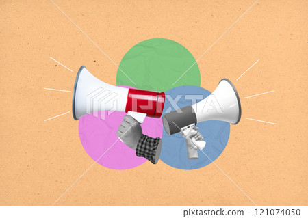 Human hand talk on a megaphone with a colored background. Concept of communication or discussion 121074050