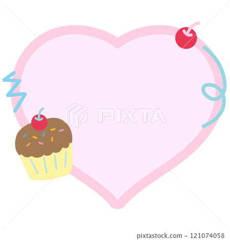 Cute illustration of cherry, cupcake and pastel pink heart shaped blank space for insert text, message, name tag, text bubble, sticker, sticky note, notepads, paper, sweet dessert, cafe, restaurant 121074058