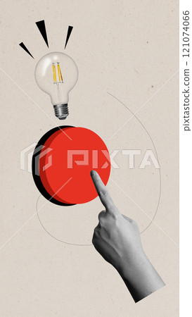 A human hand presses a red button to turn on the light bulb for new ideas with a colored background A human hand presses a red button to turn on the light bulb for new ideas with a colored background 121074066