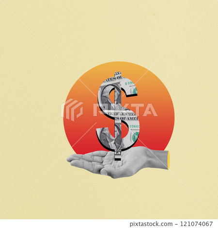 Human hands show a dollar sign on his palm with a colored background 121074067