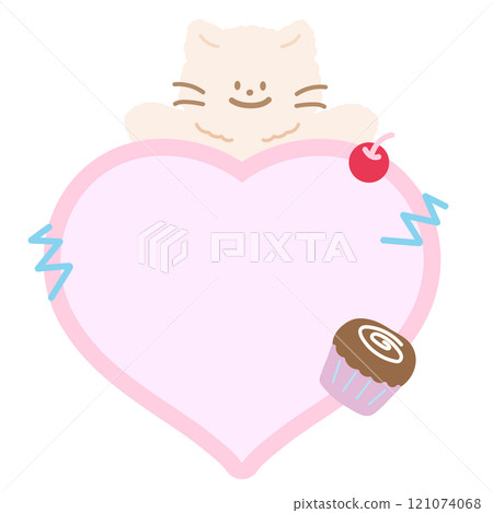 Cute illustration of cat, cherry, cupcake and pastel pink heart shaped blank space for insert text, message, name tag, text bubble, sticker, animal, pet, sticky note, notepads, paper, sweet dessert Cute illustration of cat, cherry, cupcake and pastel pink heart shaped blank space for insert text, message, name tag, text bubble, sticker, animal, pet, sticky note, notepads, paper, sweet dessert 121074068