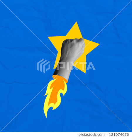 A human hand with a fist and flame flying high on a colored background A human hand with a fist and flame flying high on a colored background 121074076