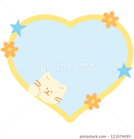Cute illustration of cat, stars, flowers and pastel blue heart shaped blank space for insert text, message, name tag, text bubble, sticker, animal, pet shop, memo note, sticky note, notepads, paper 121074095