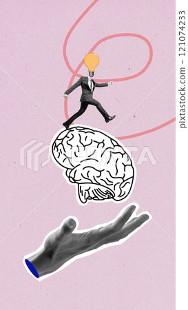 A businessman with a lightbulb head walking on the human brain with a colored background A businessman with a lightbulb head walking on the human brain with a colored background 121074233