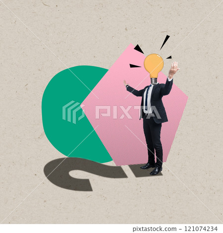 A businessman with a lightbulb head standing above a question mark sign with a colored background A businessman with a lightbulb head standing above a question mark sign with a colored background 121074234
