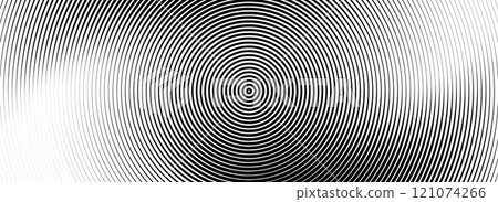 Black concentric circle texture. Radial geometric pattern background. Linear epicenter, radar or target concept. Round rippled ring wallpaper for brochure, template, poster, overlay. Vector 121074266