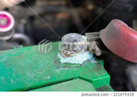 Oxidized terminals of car batteries.Lack of good car maintenance Oxidized terminals of car batteries.Lack of good car maintenance 121074339