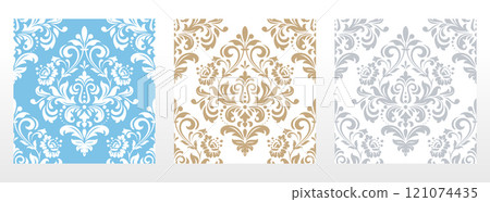 Wallpapers in the style of Baroque. Seamless vector backgrounds. Set of colored floral ornaments. Graphic patterns for fabric, wallpaper, packaging. Ornate Damask flower ornaments Wallpapers in the style of Baroque. Seamless vector backgrounds. Set of colored floral ornaments. Graphic patterns for fabric, wallpaper, packaging. Ornate Damask flower ornaments 121074435