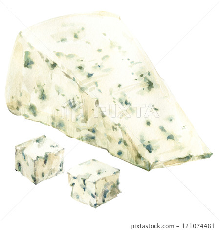 Piece of blue cheese with mold. Dairy product with specific smell. Watercolor illustration of a deagonal piece of cheese of investment Italian cheese Gorgonzola. Clipart for design of farm product. 121074481