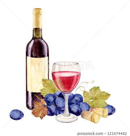 Watercolor red wine bottle with old paper label. Hand drawn clipart of alcoholic drink for party and event. Illustration for tasting, menu, cafe, bar, posters and wine list design. 121074482