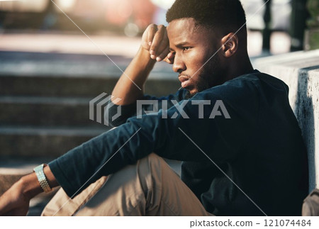 Depressed, angry and black man upset, tired and unhappy outdoor in city, stare and frustrated. Mental health, African American male and young guy with problem, fail and depression being disappointed. Depressed, angry and black man upset, tired and unhappy outdoor in city, stare and frustrated. Mental health, African American male and young guy with problem, fail and depression being disappointed. 121074484