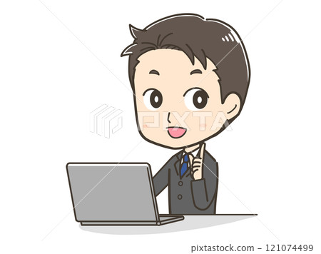 Illustration of a businessman pointing at a computer Illustration of a businessman pointing at a computer 121074499