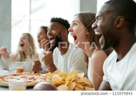 Friends watching Super Bowl football game eating snacks together at home 121074841