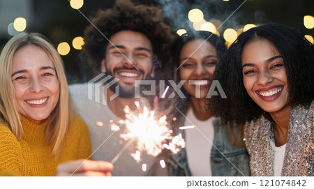 People holding sparklers celebrating outdoors at night, joy and happiness People holding sparklers celebrating outdoors at night, joy and happiness 121074842