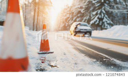 Orange traffic cone in foreground on snowy road with car accident, concept of safety on the winter roads Orange traffic cone in foreground on snowy road with car accident, concept of safety on the winter roads 121074843