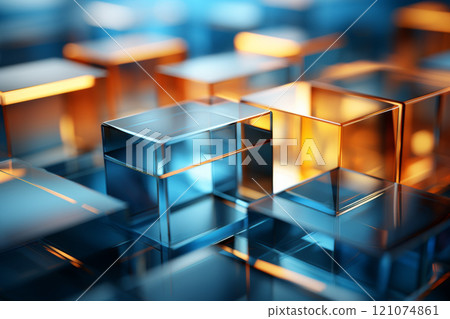 Abstract background of reflective neon purple, blue and orange glass cubes with copy space 121074861