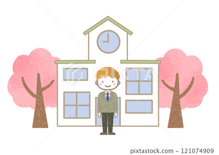 身穿校服的學生站在學校門口 身穿校服的學生站在學校門口 121074909