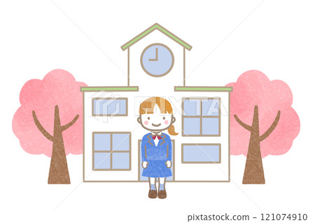 Students in uniform standing in front of the school 121074910