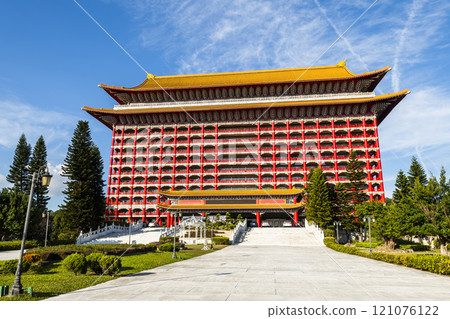 Low angle view of the Grand Hotel Taipei on a sunny day in Taiwan. This is a Magnificent Chinese-style palace building. 121076122