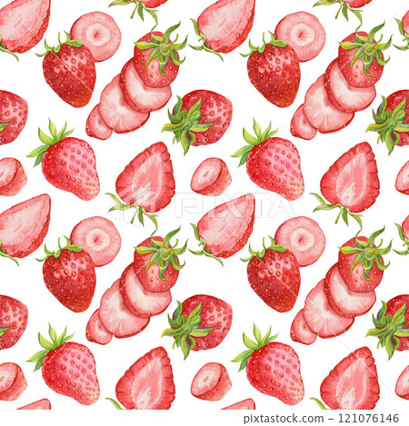 Strawberry background on a white background. Watercolor seamless texture of ripe red berries for summer cover, botanical wallpaper pattern, product packaging, textile. Strawberry background on a white background. Watercolor seamless texture of ripe red berries for summer cover, botanical wallpaper pattern, product packaging, textile. 121076146