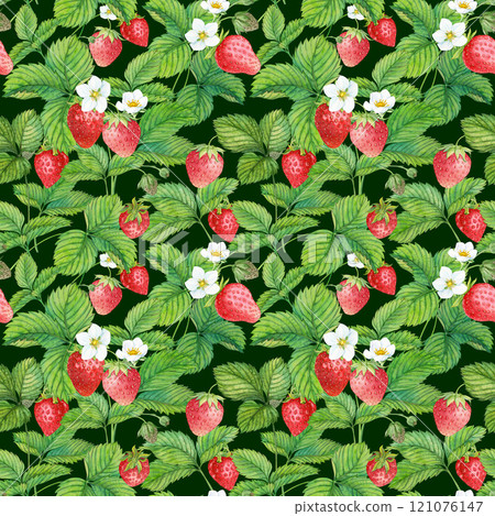 Strawberry background on a black background. Watercolor seamless texture of ripe red berries, leaves and flowers. Summer design for textiles, product packaging, wallpapers. 121076147