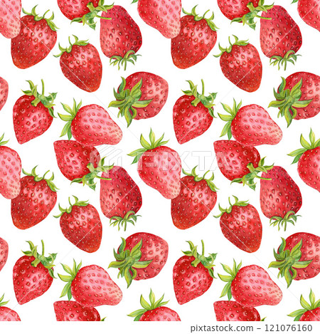 Strawberry background on a white background. Watercolor seamless texture of ripe red berries for summer cover, botanical wallpaper pattern, product packaging, textile. Strawberry background on a white background. Watercolor seamless texture of ripe red berries for summer cover, botanical wallpaper pattern, product packaging, textile. 121076160