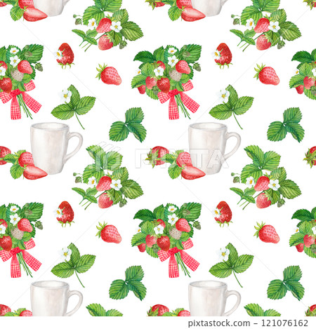 Seamless pattern with red strawberries on a white background. Watercolor illustration for textile, wrapping paper. Bright background with farm ripe berries. 121076162