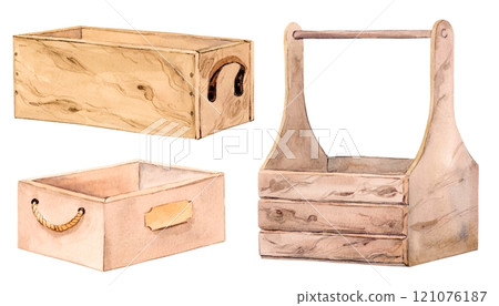 Wooden boxes in the Provence style. Watercolor clipart on a white background. Hand-drawn illustration, retro design. A set of items for storage. Wooden boxes in the Provence style. Watercolor clipart on a white background. Hand-drawn illustration, retro design. A set of items for storage. 121076187